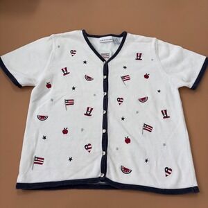 Womens Patriotic Embroidered Cardigan Sweater Flag Medium‎ USA 4th July America